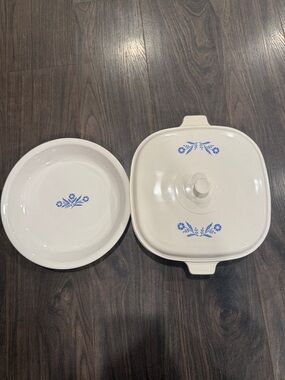 White Ceramic Covered Casserole with Blue Floral Motif